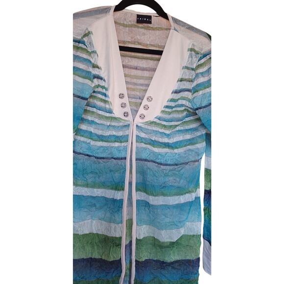 Tribal Women's Cardigan Medium Blue Cream Striped Crinkle Sheer Longline V Neck - Picture 4 of 5